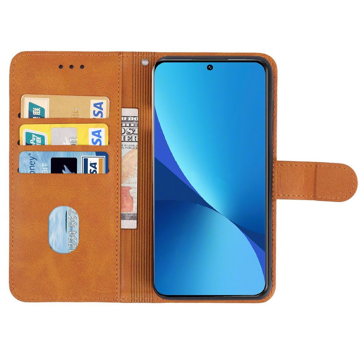 Braune Brieftaschen-Handyhülle, geöffnet, zeigt ein Telefon, Karten und Geld. Die Hülle ist braun.