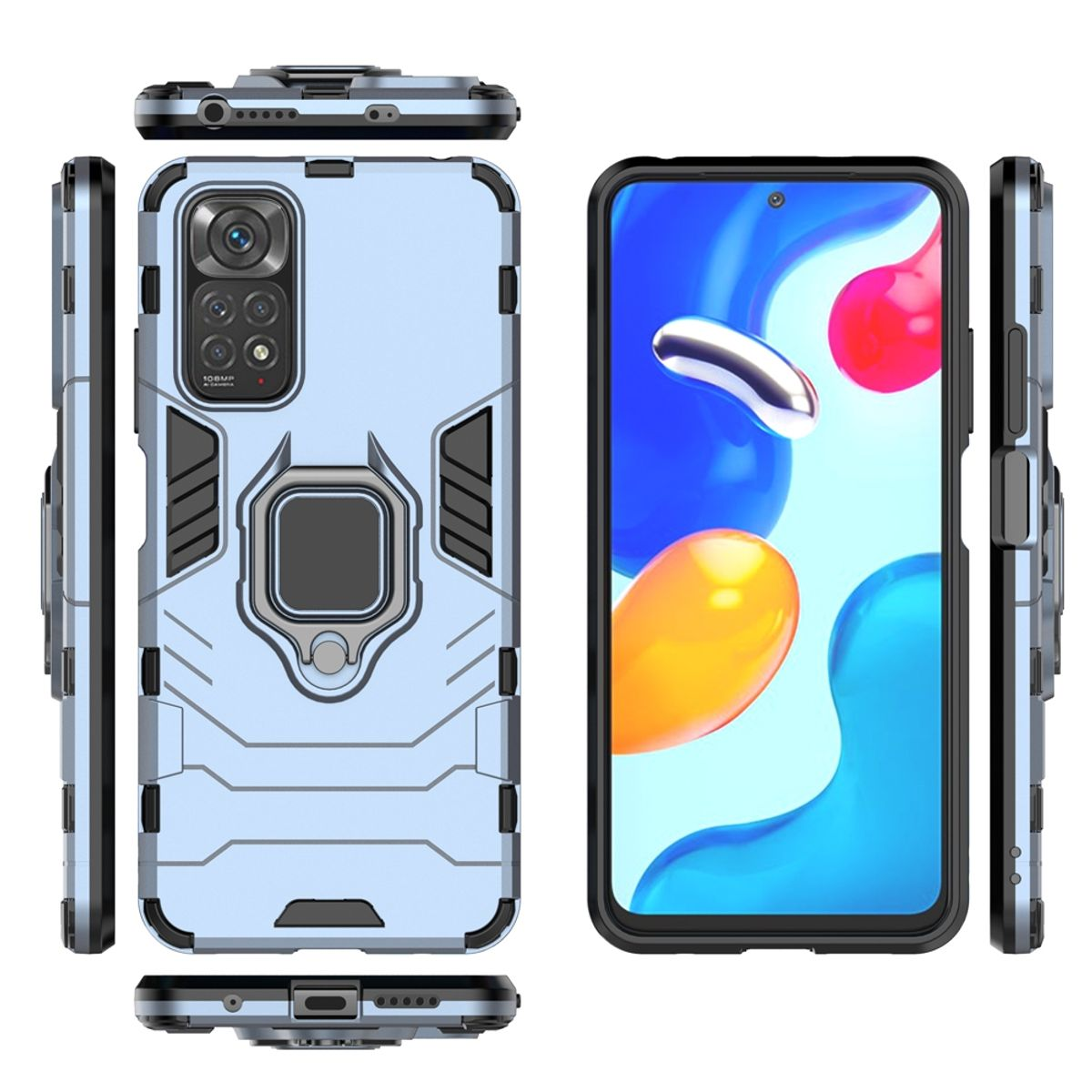 Hellblaue Handyhülle mit einem schwarz-grauen Design. Sie hat einen Kamerateil und einen Ringhalter.