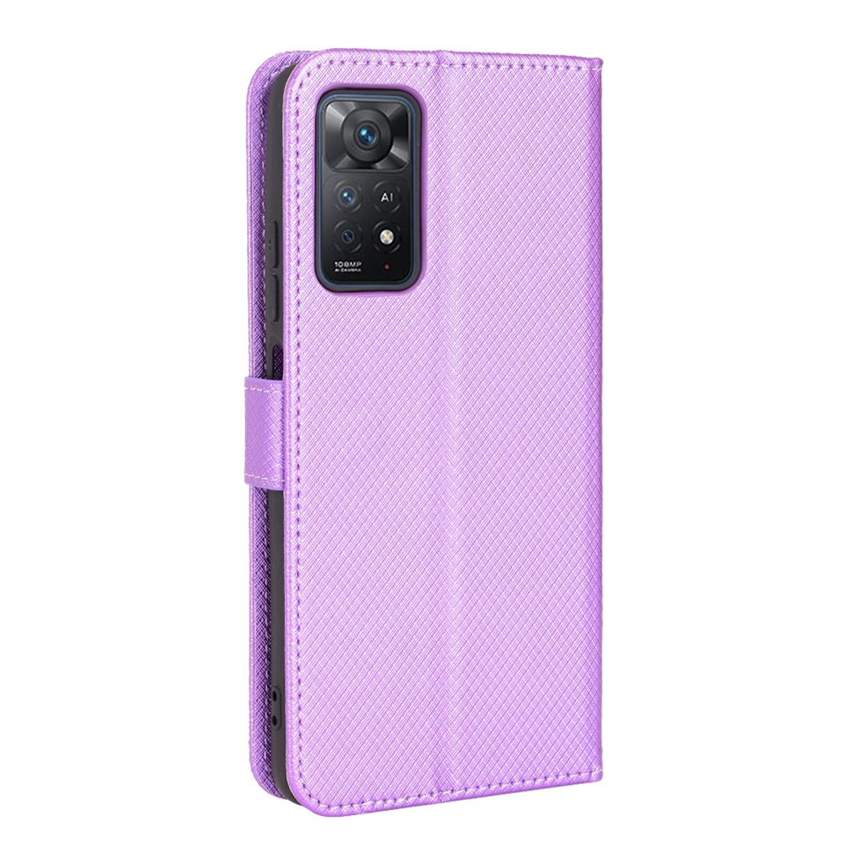 Lila Handyhülle, geschlossen. Telefon mit sichtbarer Kamera. Hülle hat eine lila, strukturierte Oberfläche.