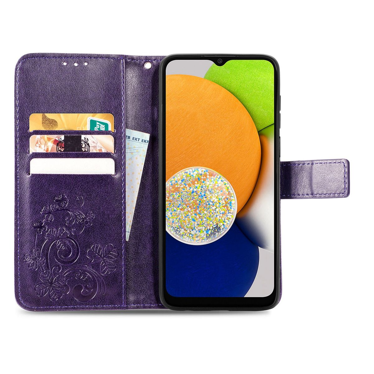 Lila Handyhülle mit einem Telefon. Das Telefon hat einen Bildschirm mit orangefarbenem und blauem Hintergrund.