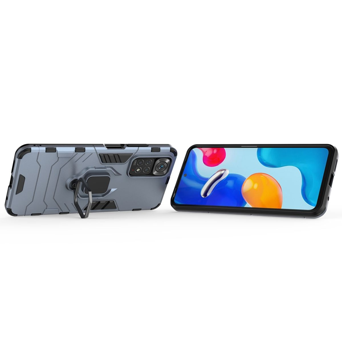 Zwei Telefone, eines in grauem Gehäuse mit Ringhalter, das andere mit abstraktem Display.