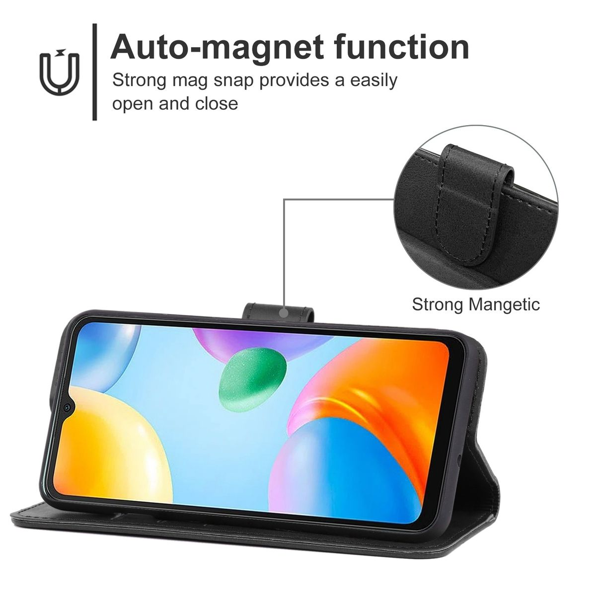 Schwarze Handyhülle mit Telefon. Das Telefon zeigt bunte Formen.
