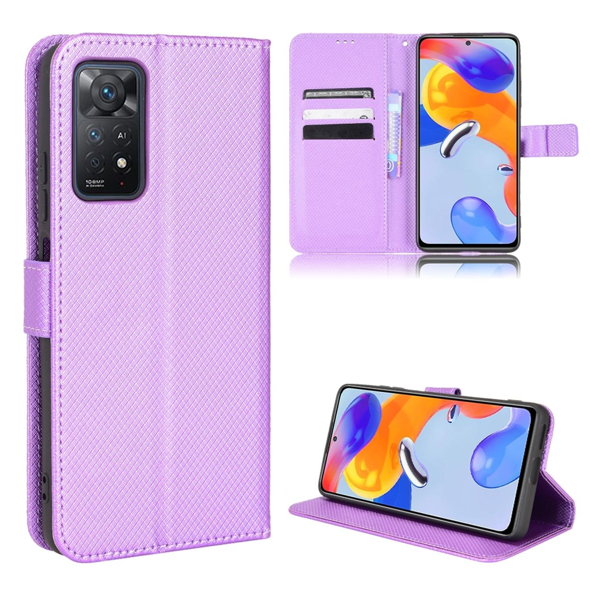 Eine lila Handyhülle, geöffnet. Das Telefon hat einen farbenfrohen Bildschirm. Der Hintergrund ist weiß.