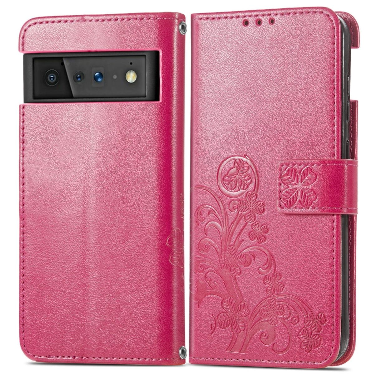 Pinke Handyhülle offen, zeigt ein Telefon und Blumendesign. Der Hintergrund ist weiß.