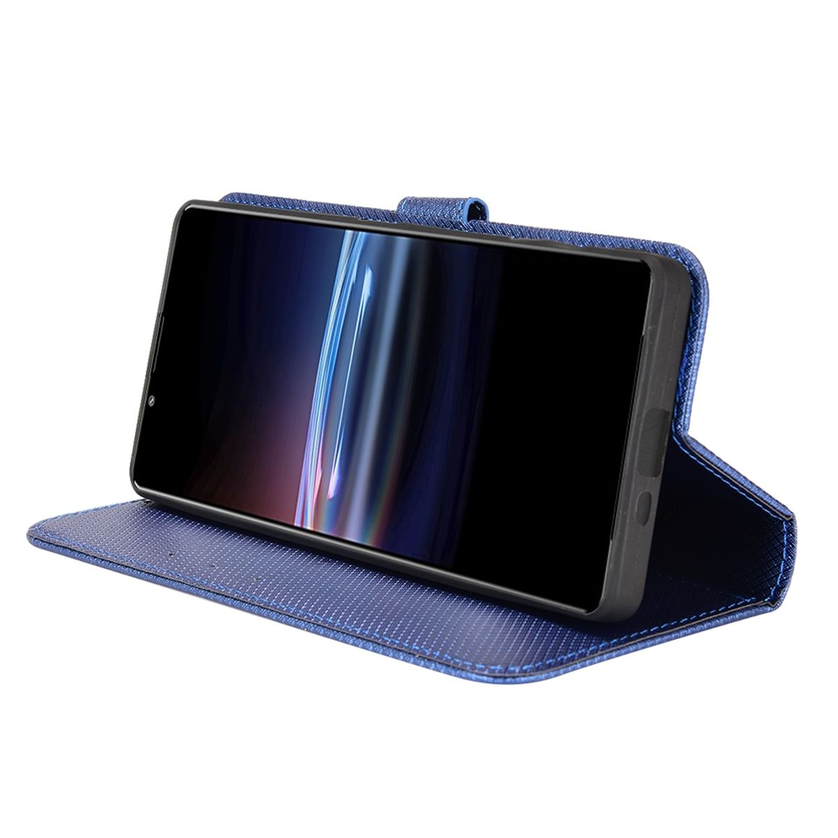 Ein Telefon in einem blauen Case, offen, nach oben geneigt. Der Bildschirm ist sichtbar und zeigt einen dunkelblauen Hintergrund.