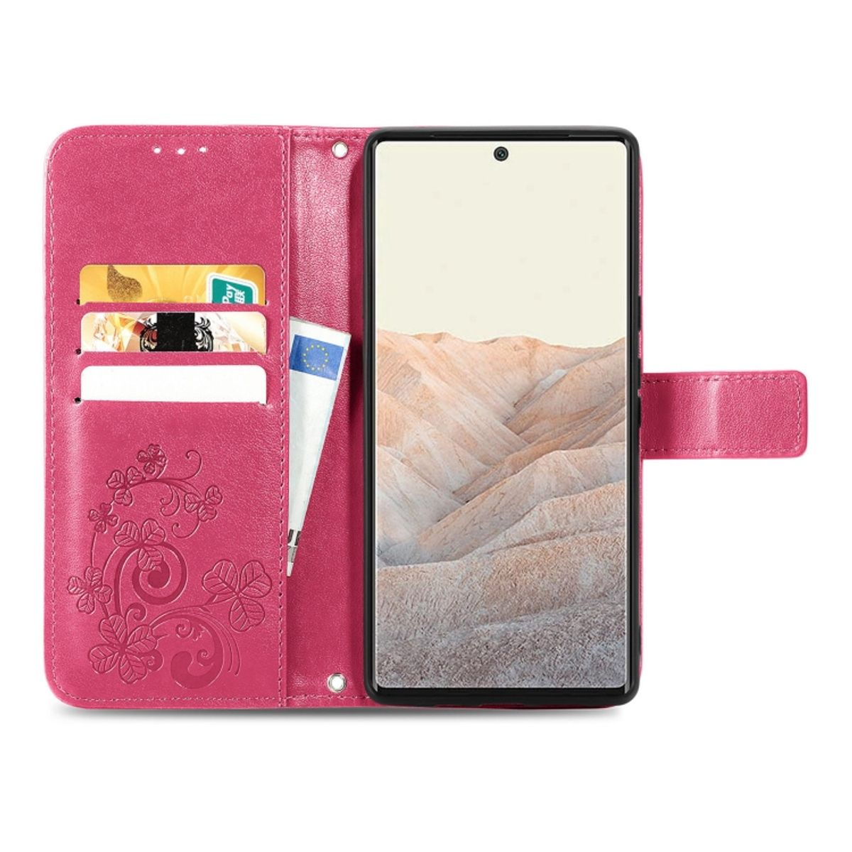 Rosa Handyhülle, offen. Telefon sichtbar. Hülle hat Kartenfächer und einen Stift.