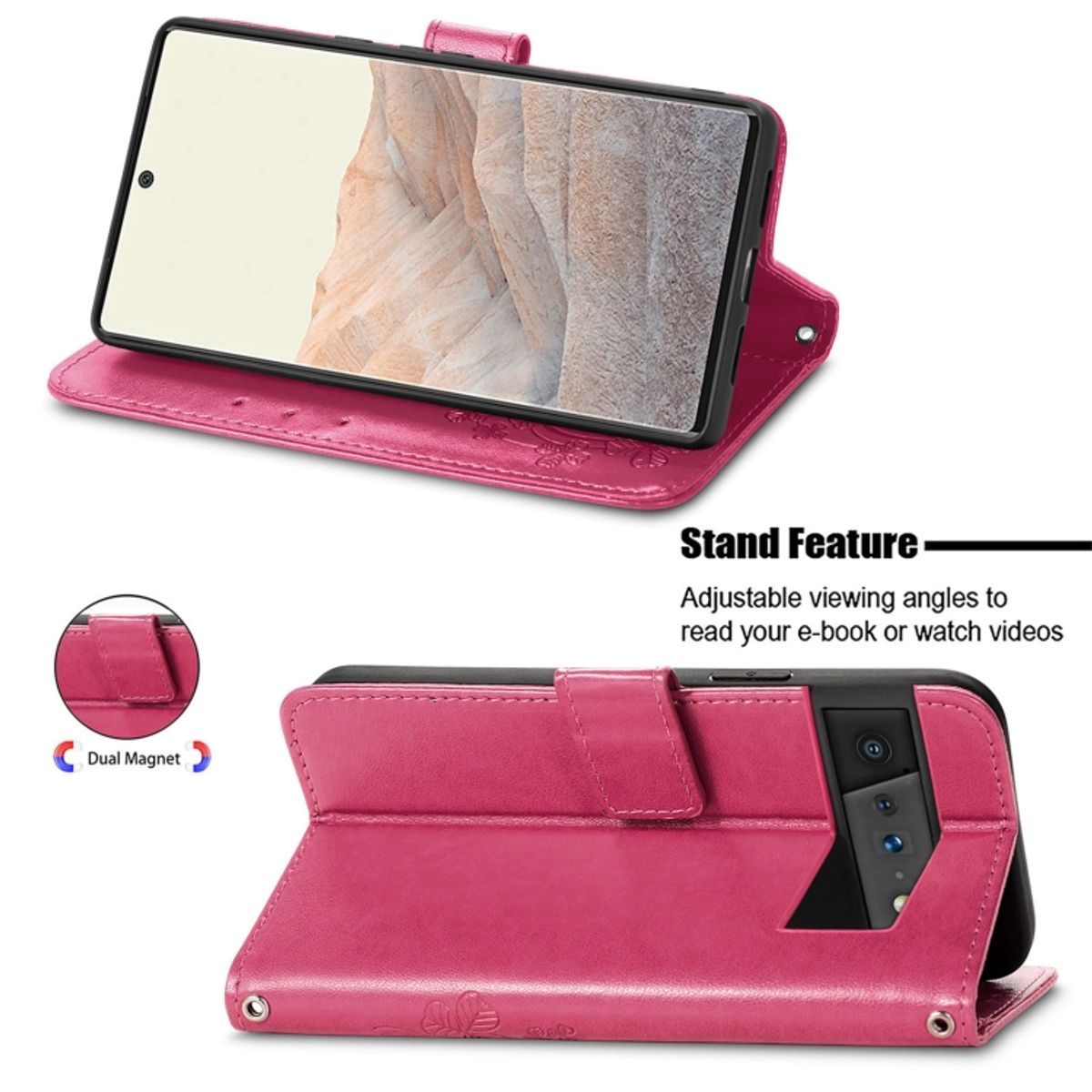 Ein Telefon in einer rosa Hülle, offen. Text: Standfunktion, Einstellbare Betrachtungswinkel. Dual Magnet.