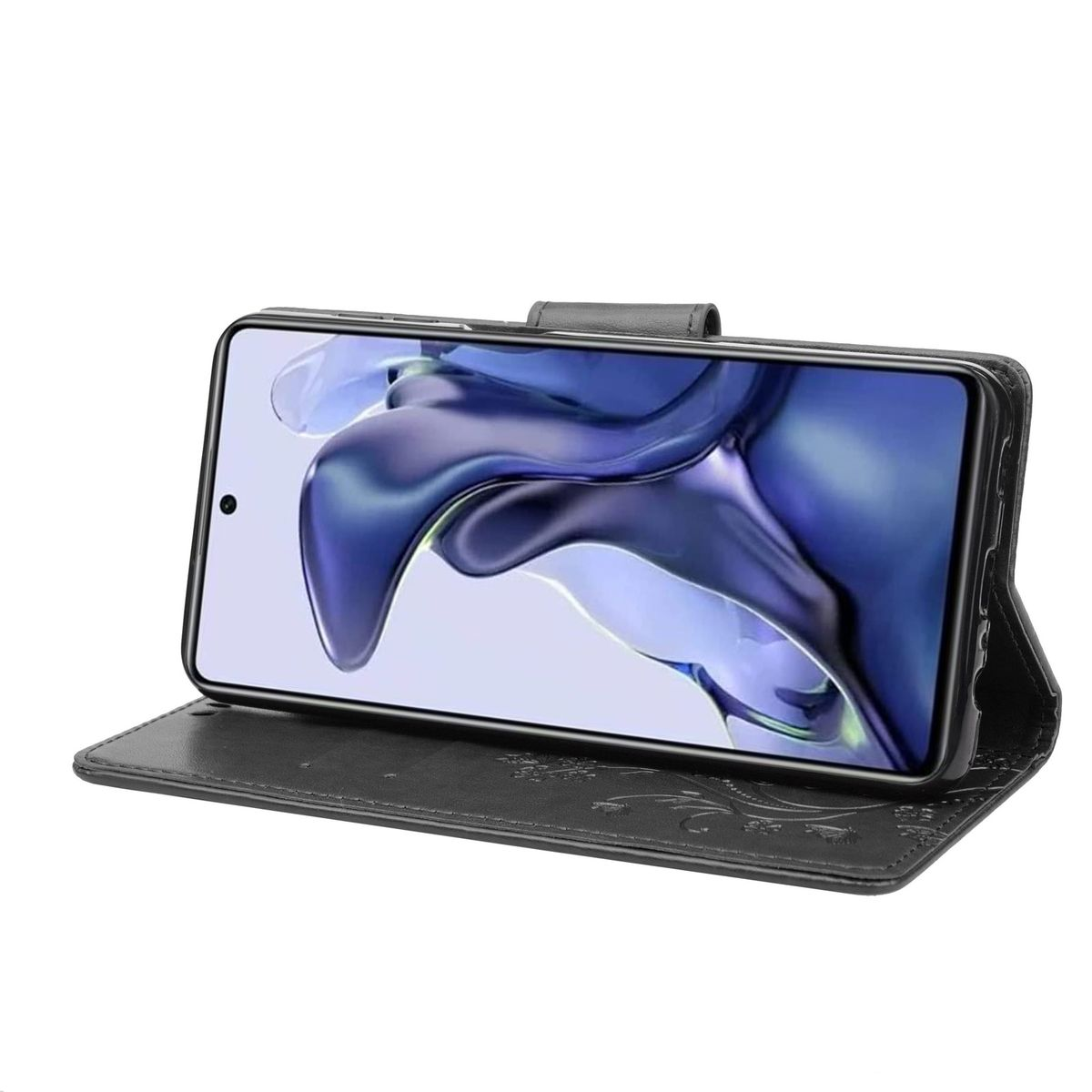 Eine schwarze Handyhülle ist geöffnet und zeigt ein Telefon mit einem dunkelblauen Bildschirm mit hellen Streifen.