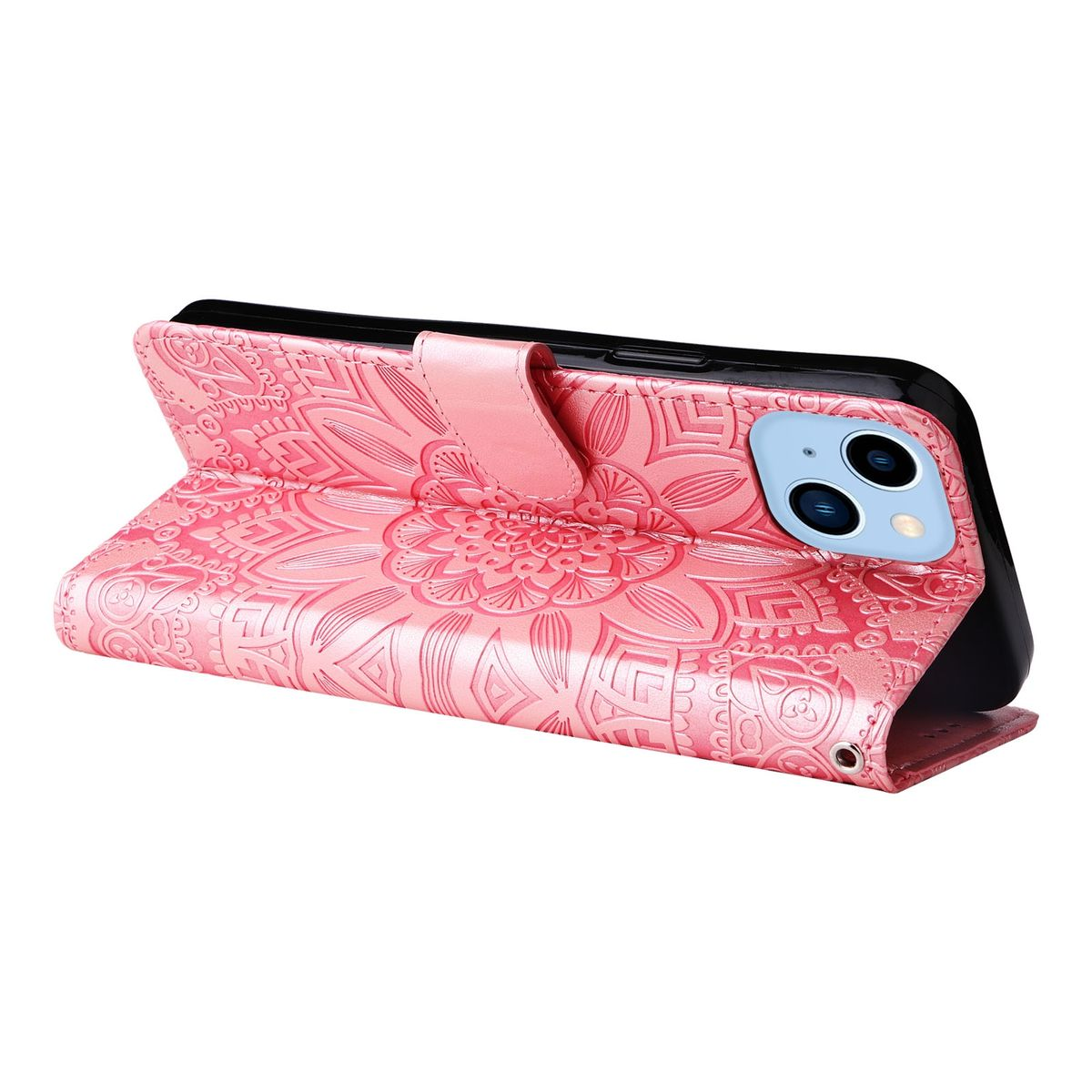 Rosa Handyhülle mit Blumendesign, Telefon innen. Die Hülle ist offen, mit Telefon und Kamera.