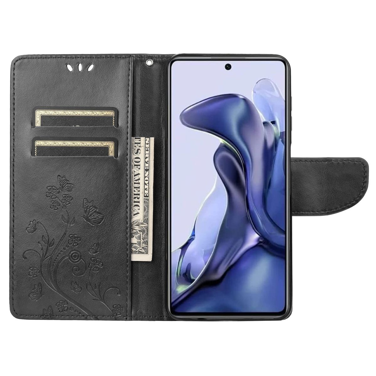 Schwarze Handyhülle mit floralem Design, geöffnet, um Telefon, Karten und Geld zu zeigen.