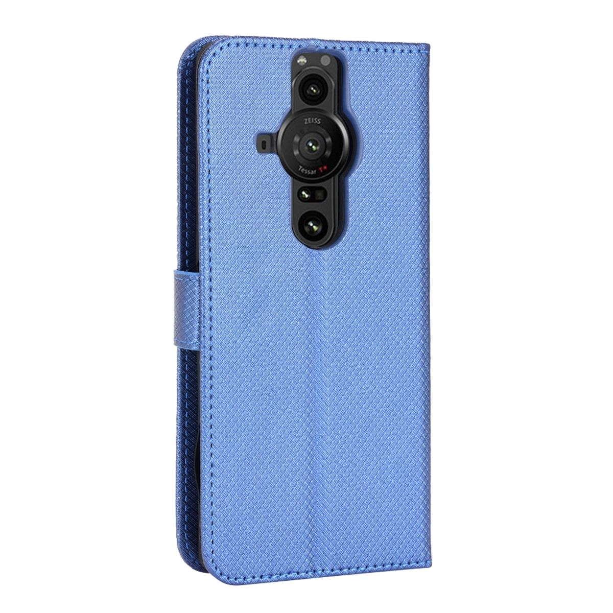 Blaue Handyhülle mit Kamera und einem Telefon. Der Hintergrund ist weiß.