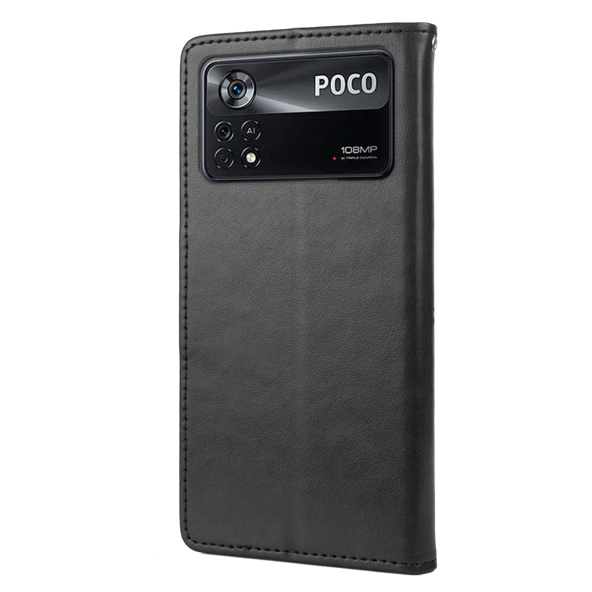 Schwarze Handyhülle mit Poco-Logo, Kamera und 108MP-Etikett. Die Hülle ist geschlossen.