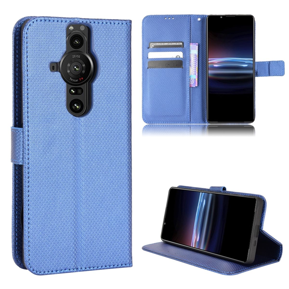 Blaue Handyhülle mit Telefon. Zeigt Kamera und Kartenfach.