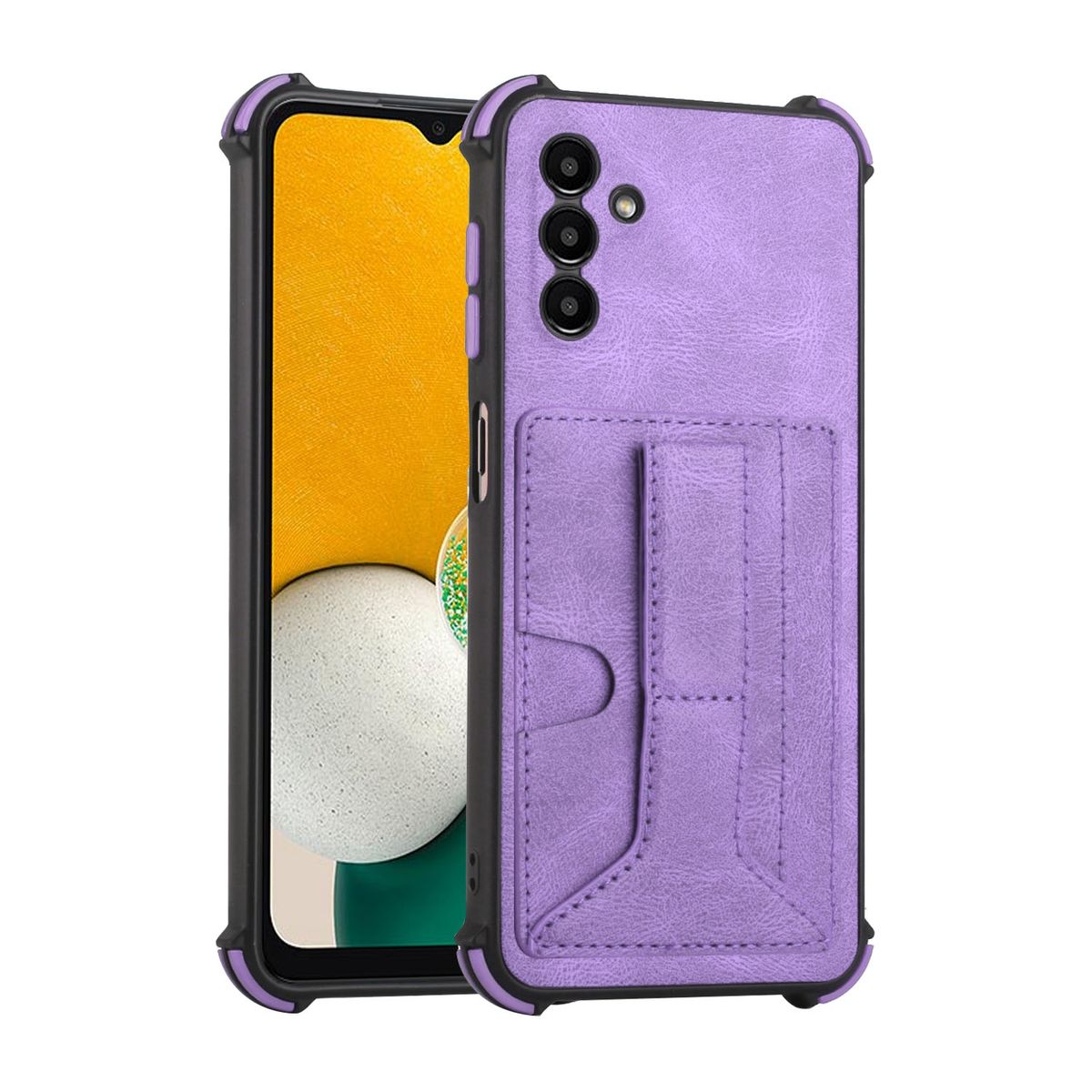 Lila Handyhülle mit Kartenfach. Schwarzes Telefon innen. Schwarzer Rand.