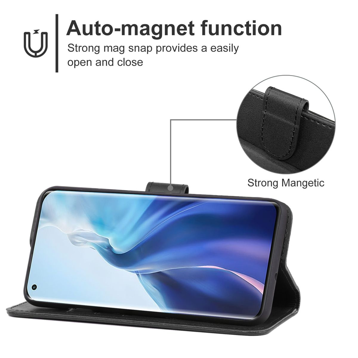 Schwarze Handyhülle offen mit Handy. Text sagt Auto-Magnetfunktion.