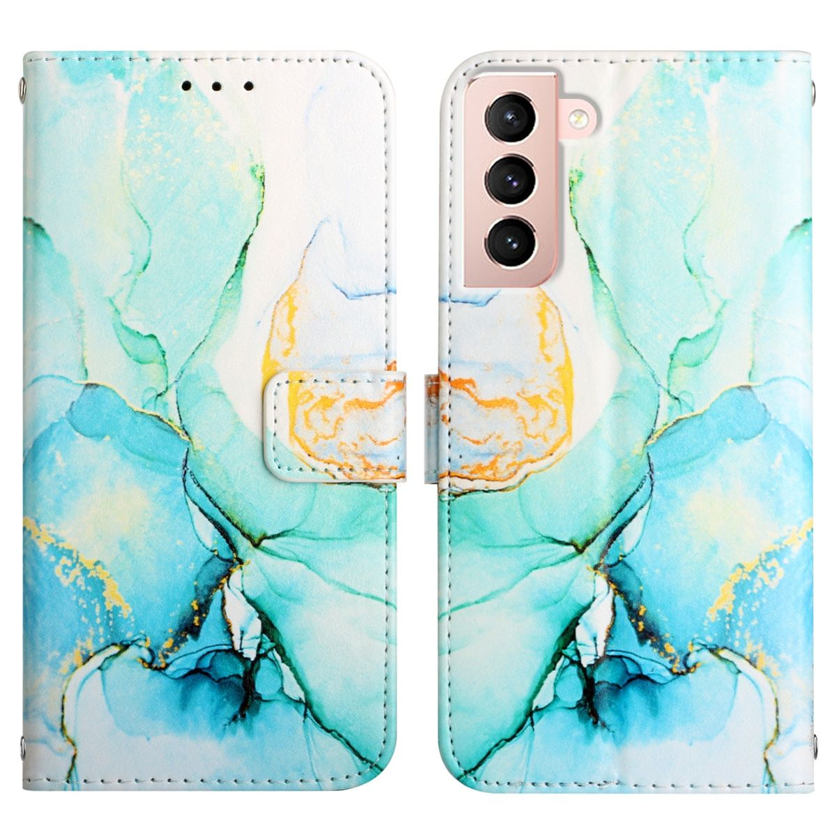 Telefonhülle offen, mit blauem und grünem abstraktem Design. Telefon innen. Weißer Hintergrund.