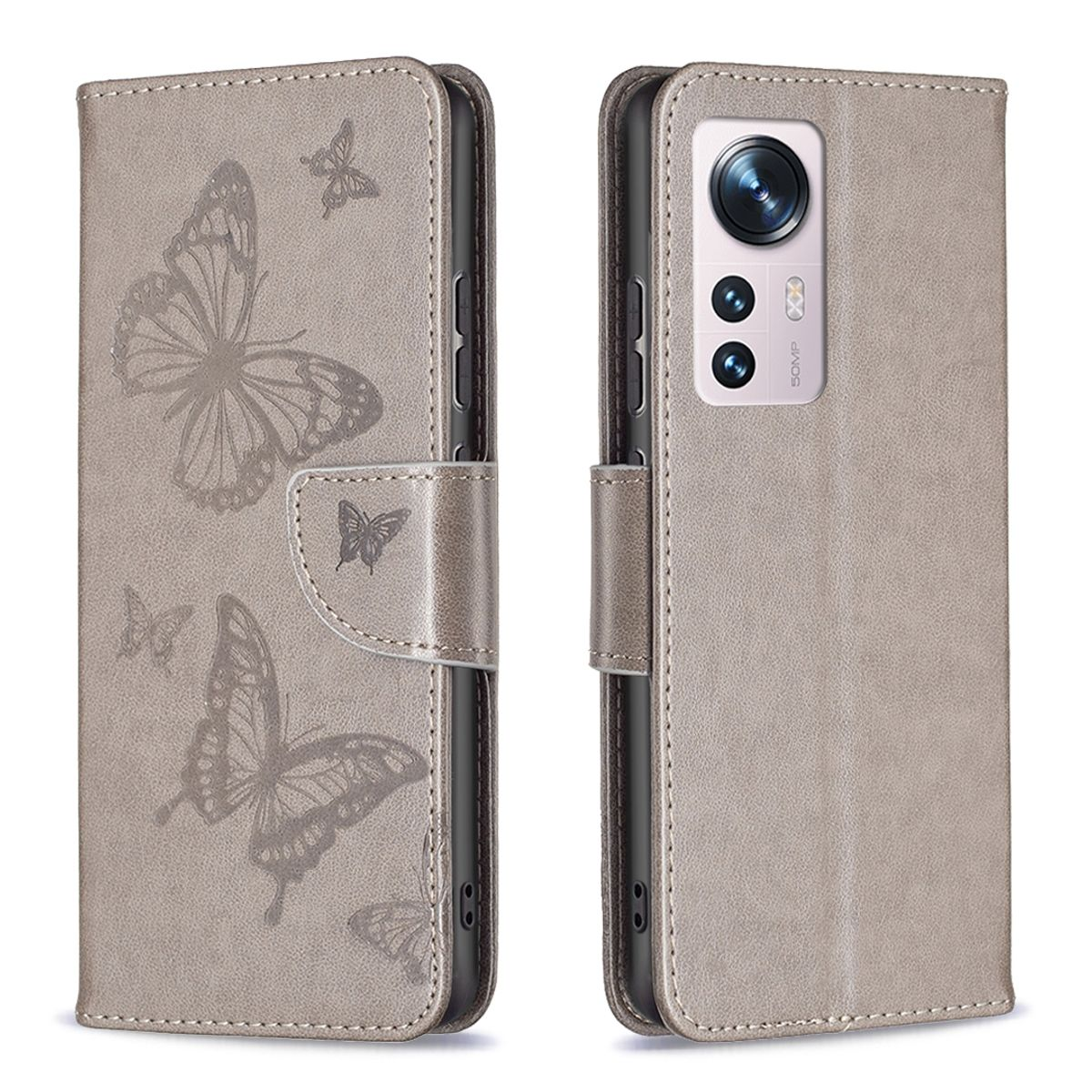 Graue Handyhülle mit Schmetterlingsdesign. Die Hülle hat geprägte Schmetterlinge. Telefon rechts.