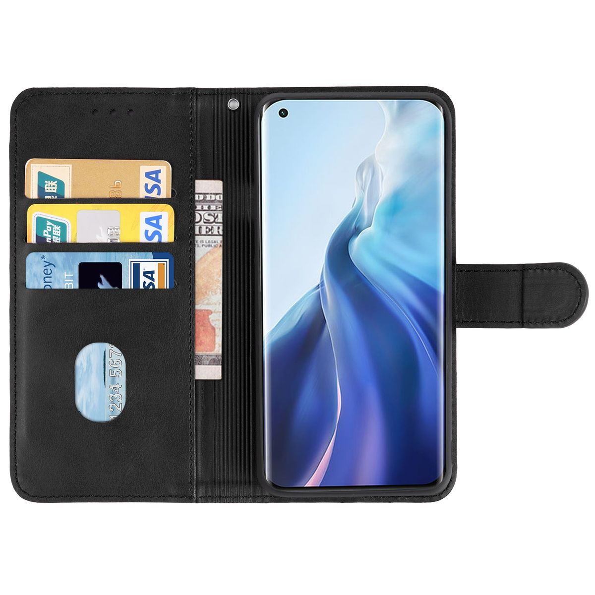 Schwarze Handyhülle geöffnet, mit Telefon im Inneren, zeigt Karten und Geld. Das Telefon ist sichtbar.
