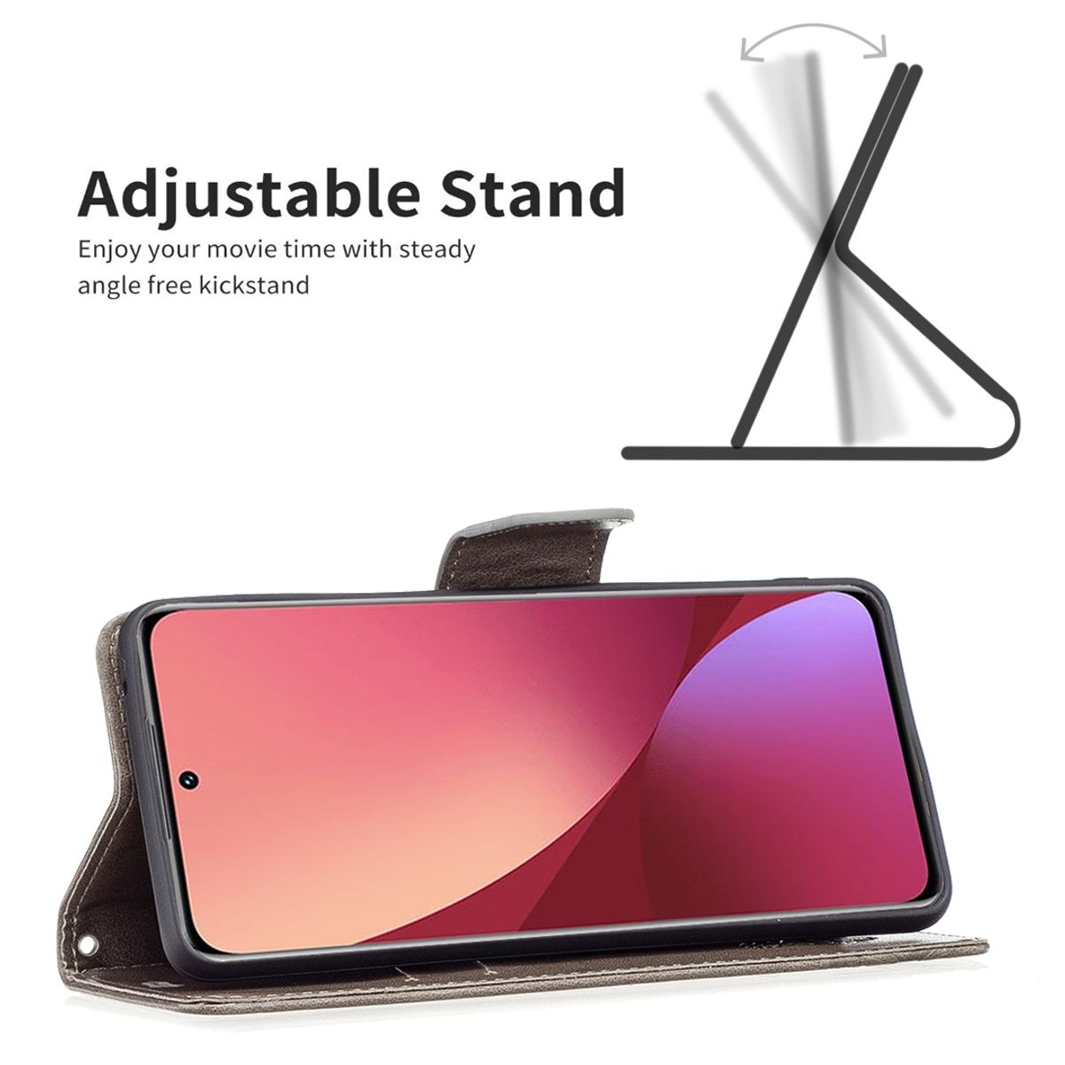 Telefon in einer braunen Brieftaschenhülle mit verstellbarem Ständer.