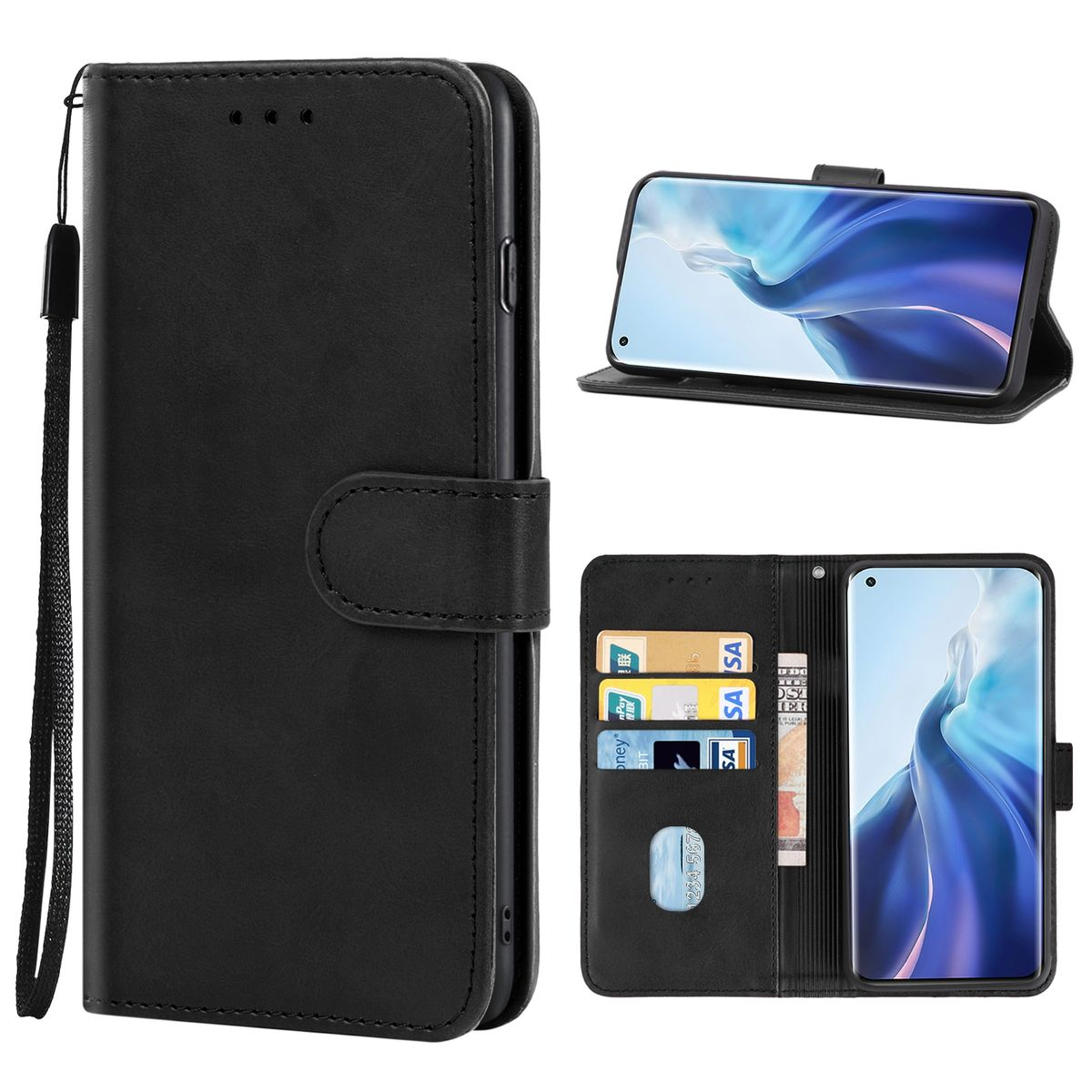 Schwarze Handyhülle geöffnet, um ein Telefon und Kartenfächer anzuzeigen. Handschlaufe befestigt.