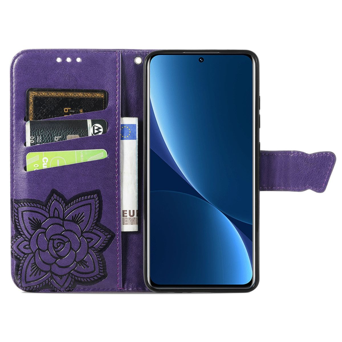 Lila Handyhülle mit Blumendesign, Telefon und Kartenfächern.