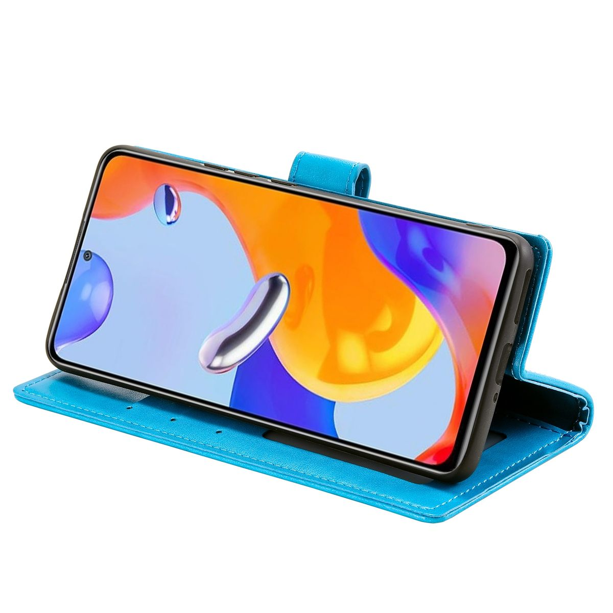 Eine blaue Handyhülle ist offen, mit einem Telefon darin.