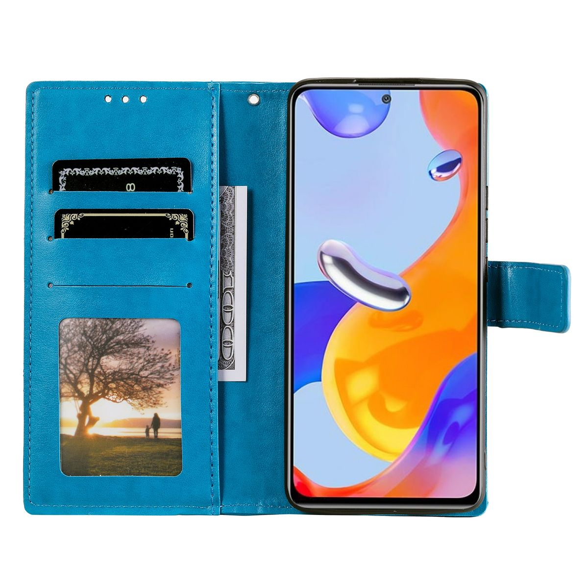 Blaue Handyhülle. Telefonbildschirm zeigt abstraktes Bild. Innen Kartenfächer und Bargeld.