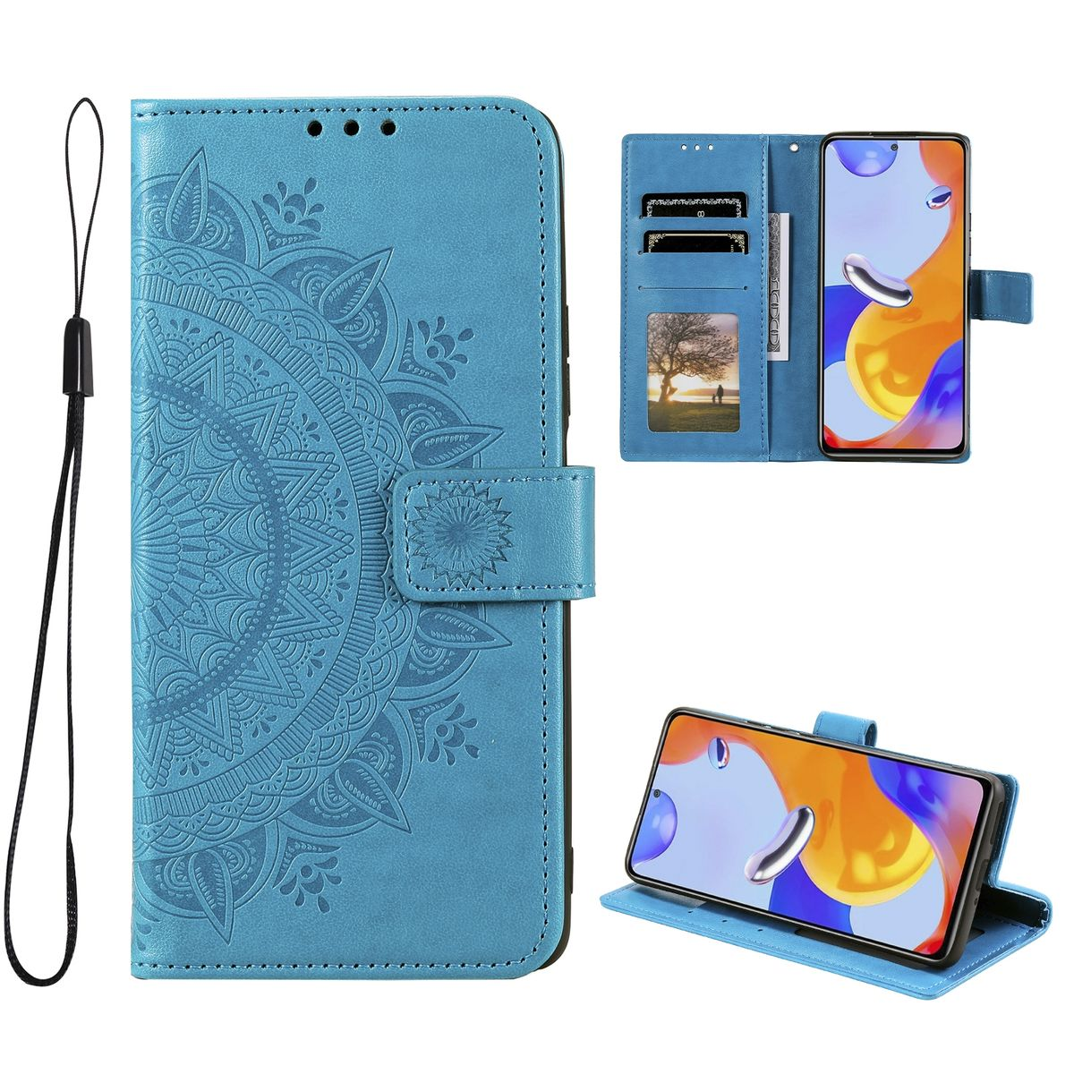 Blaue Handyhülle mit floralem Design in 3 Ansichten. Es hat ein Telefon und einen Riemen.