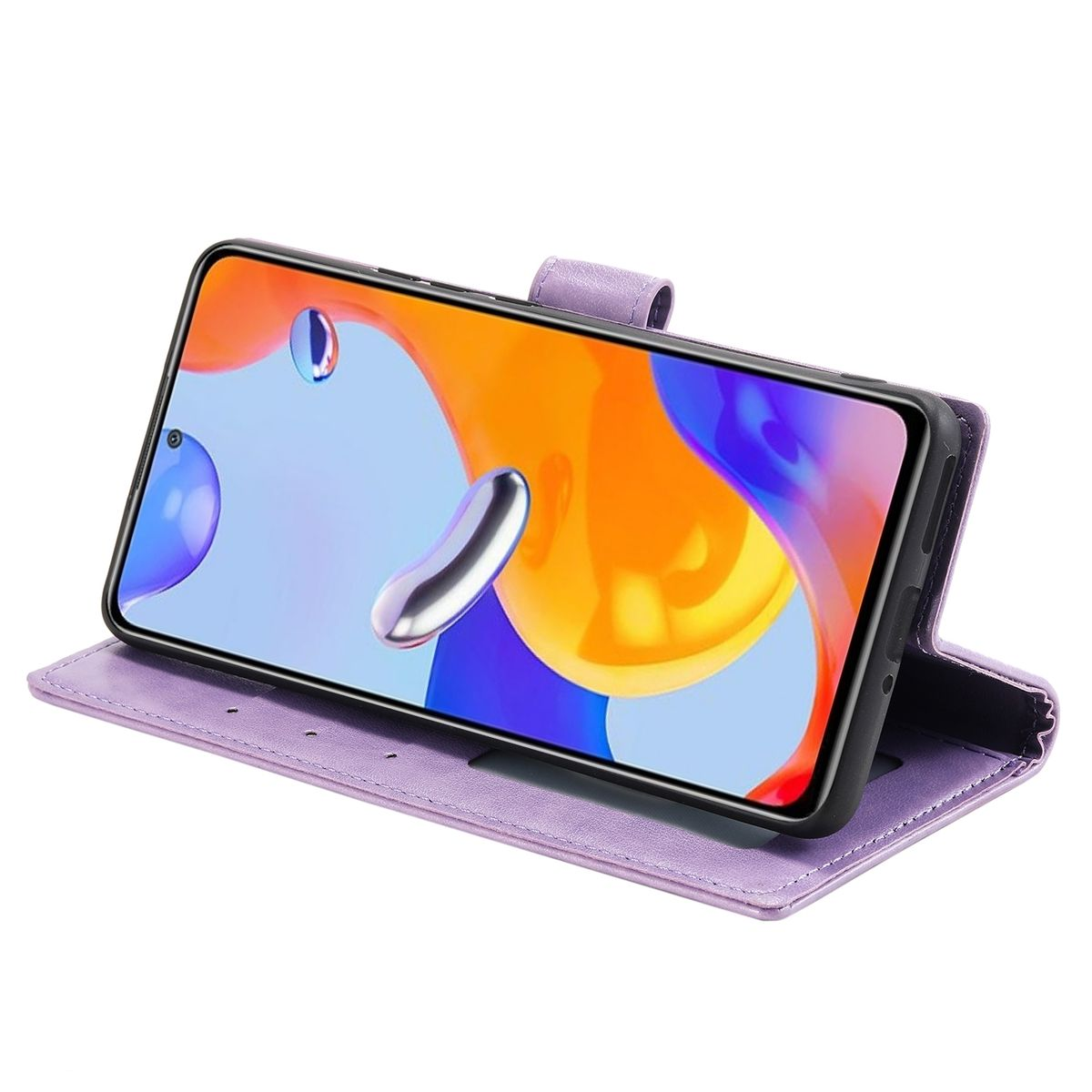 Ein Mobiltelefon befindet sich in einer lila Hülle. Der Bildschirm zeigt ein Bild mit orangefarbenem und blauem Hintergrund.
