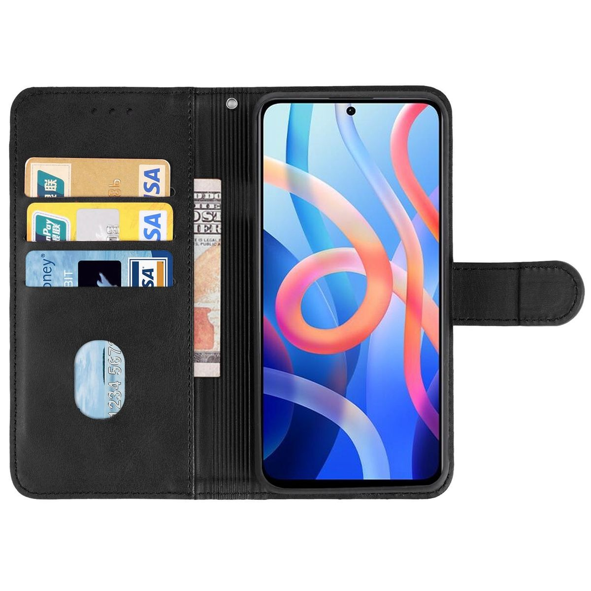Schwarze Handyhülle offen mit Karten, Telefon innen, Oberfläche zeigend.