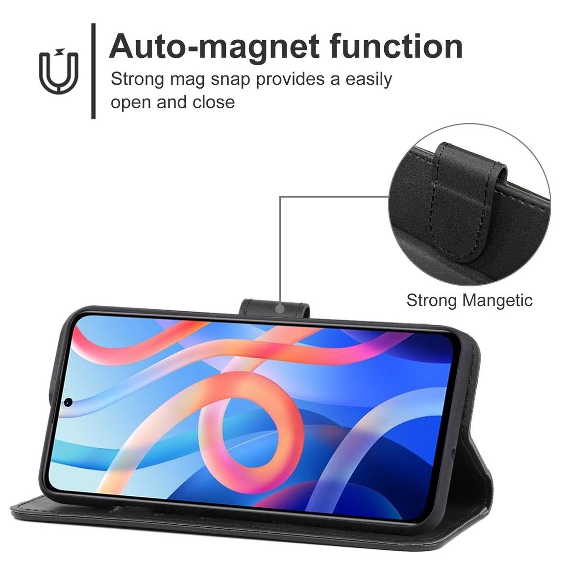 Schwarze Handyhülle, offen, mit Telefon. Ein Text sagt 'Auto-Magnet-Funktion'. Nahaufnahme des Magneten.