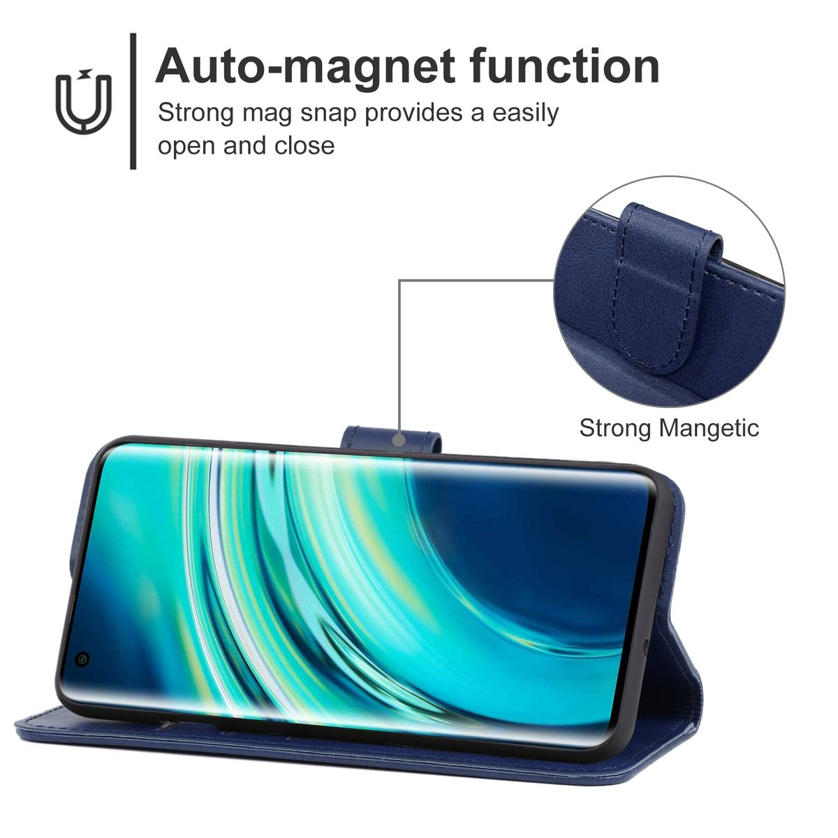 Blaue Telefonbrieftasche offen, mit Telefon und Beschreibung der Magnetfunktion.