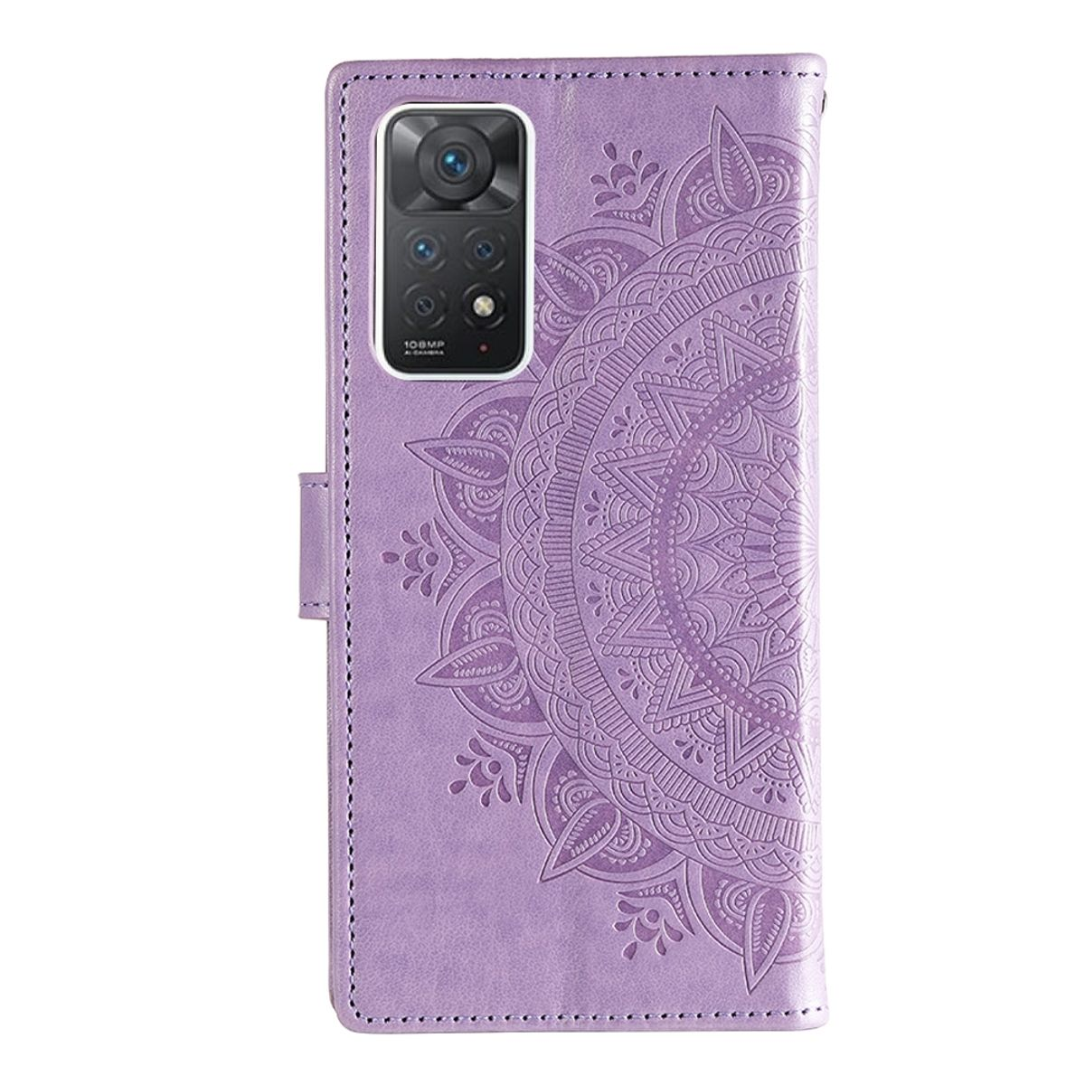 Lila Handyhülle mit Mandala-Design und Telefon, geschlossene Ansicht.