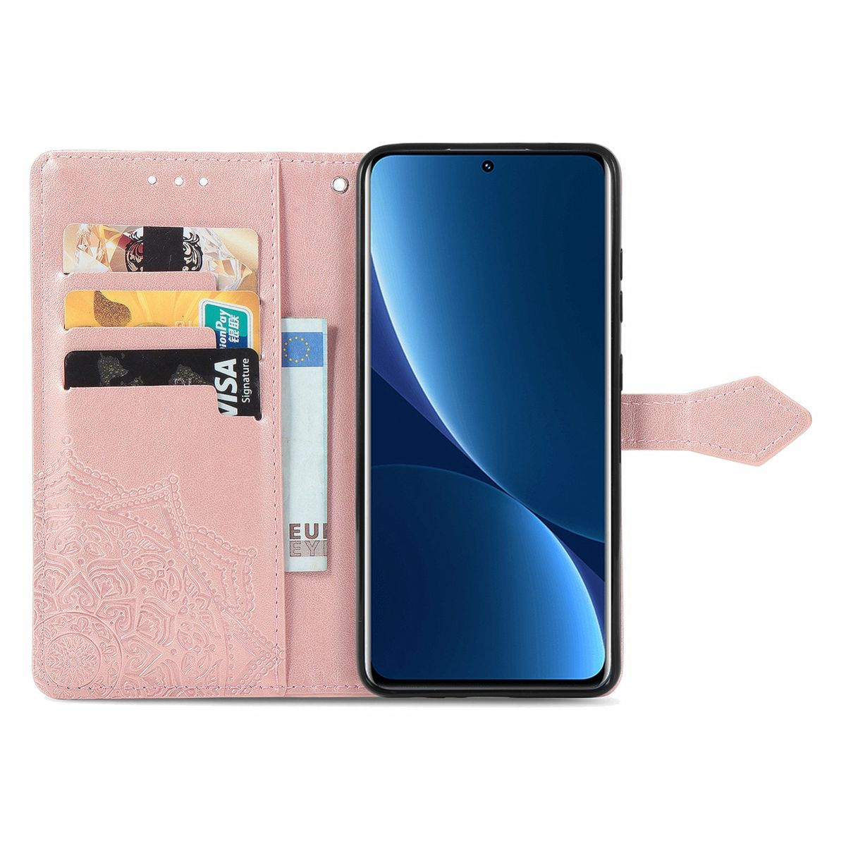 Rosa Handyhülle offen, mit Karten und Telefon. Enthält einen Telefonbildschirm und Karten.