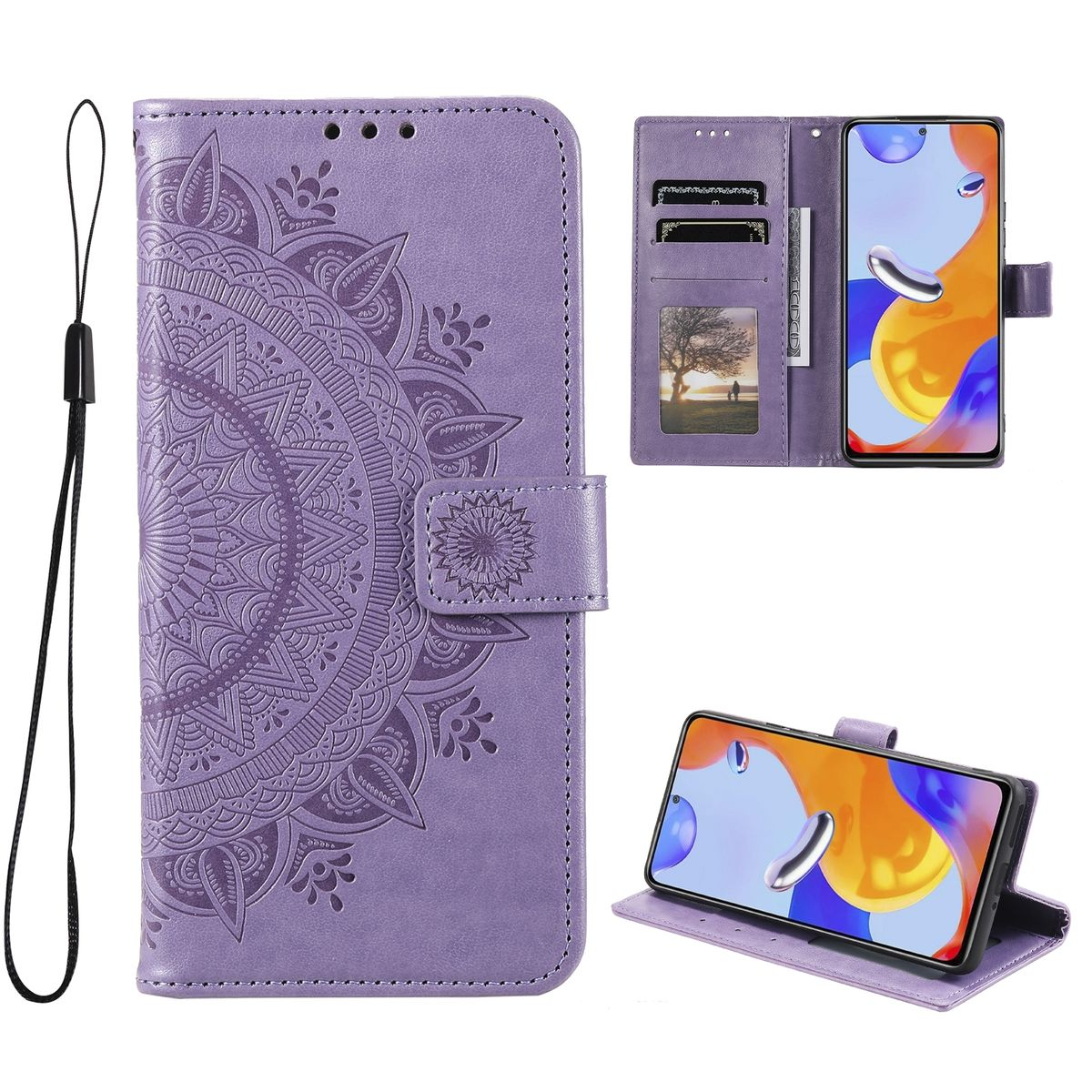 Lila Handyhülle mit Mandala-Design, Karten und Telefonanzeige.