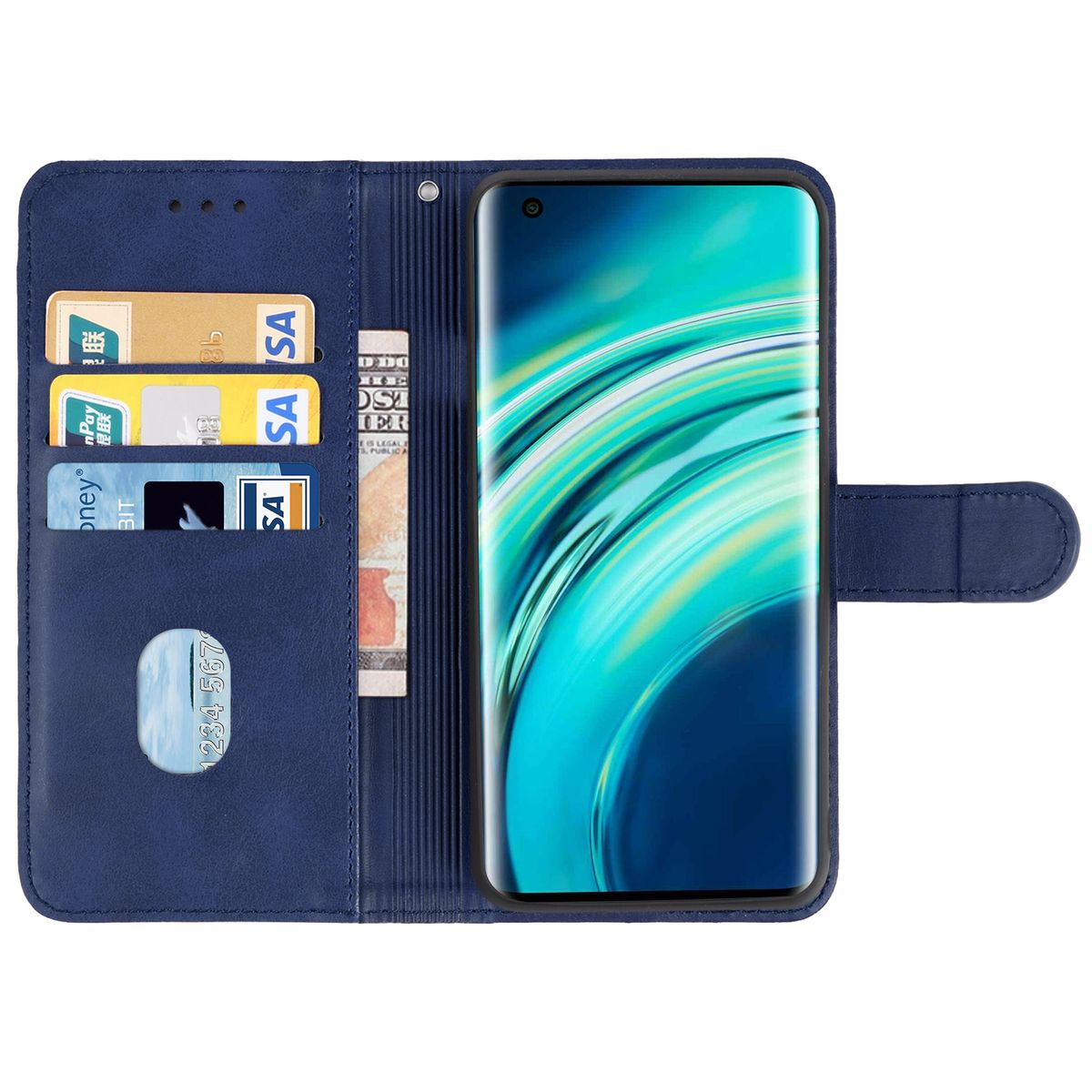 Blaue Handyhülle, offen, mit Karten und Telefon. Telefonbildschirm ist schwarz.