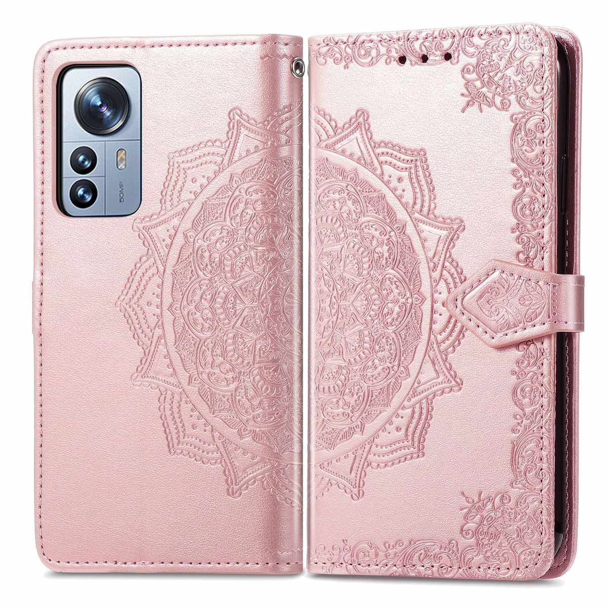 Rosa Handyhülle geöffnet, Telefon innen und ein dekoratives Blumendesign. Weißer Hintergrund.