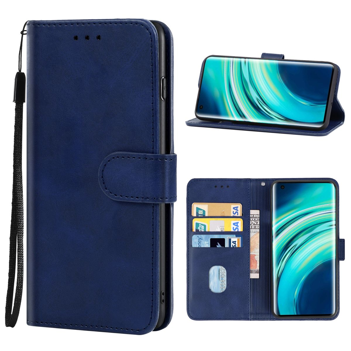 Eine blaue Handyhülle, geöffnet, um das Telefon und Kartenfächer zu zeigen.