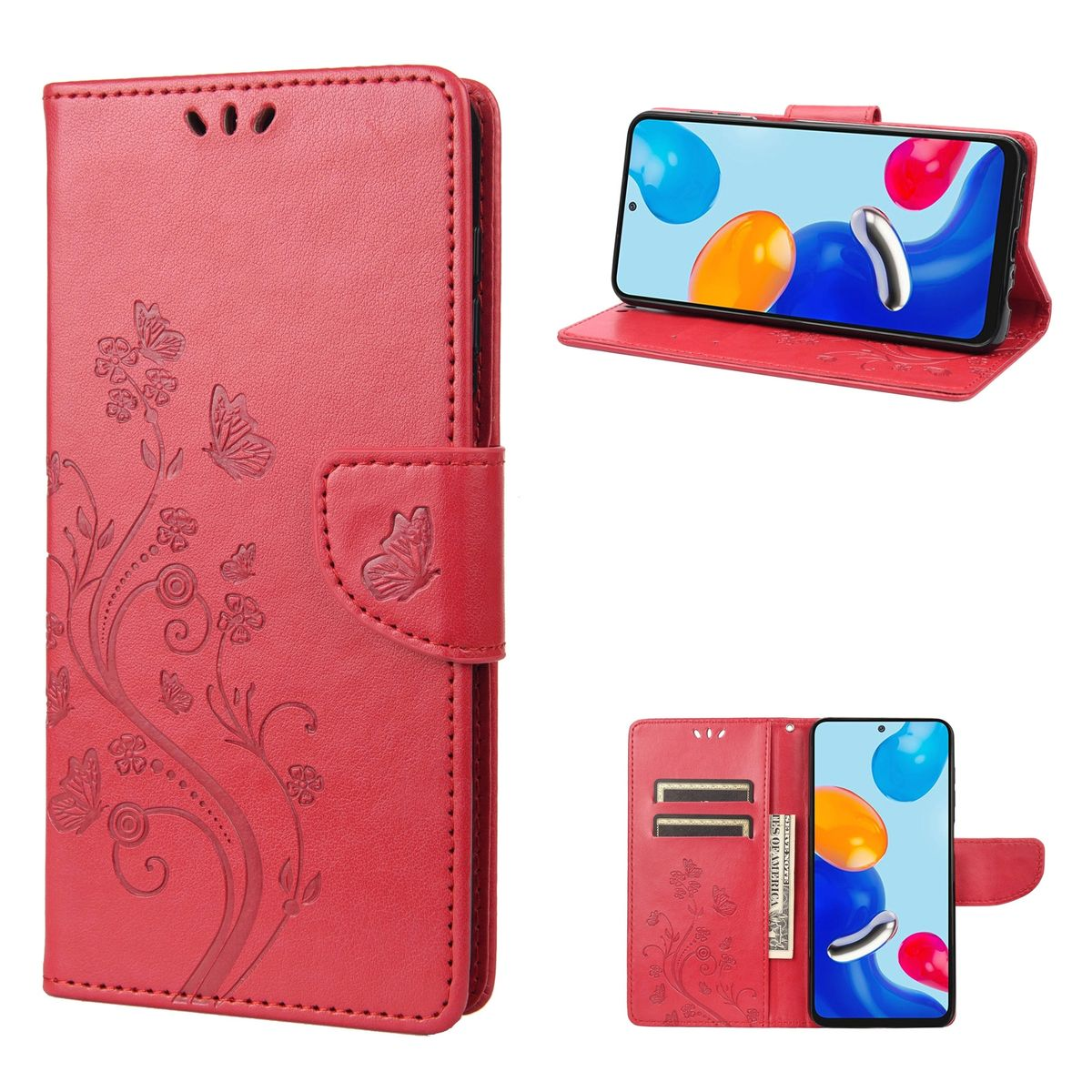 Rote Handyhülle mit Schmetterlings- und Blumendesign, mit Handy mit buntem Hintergrund.