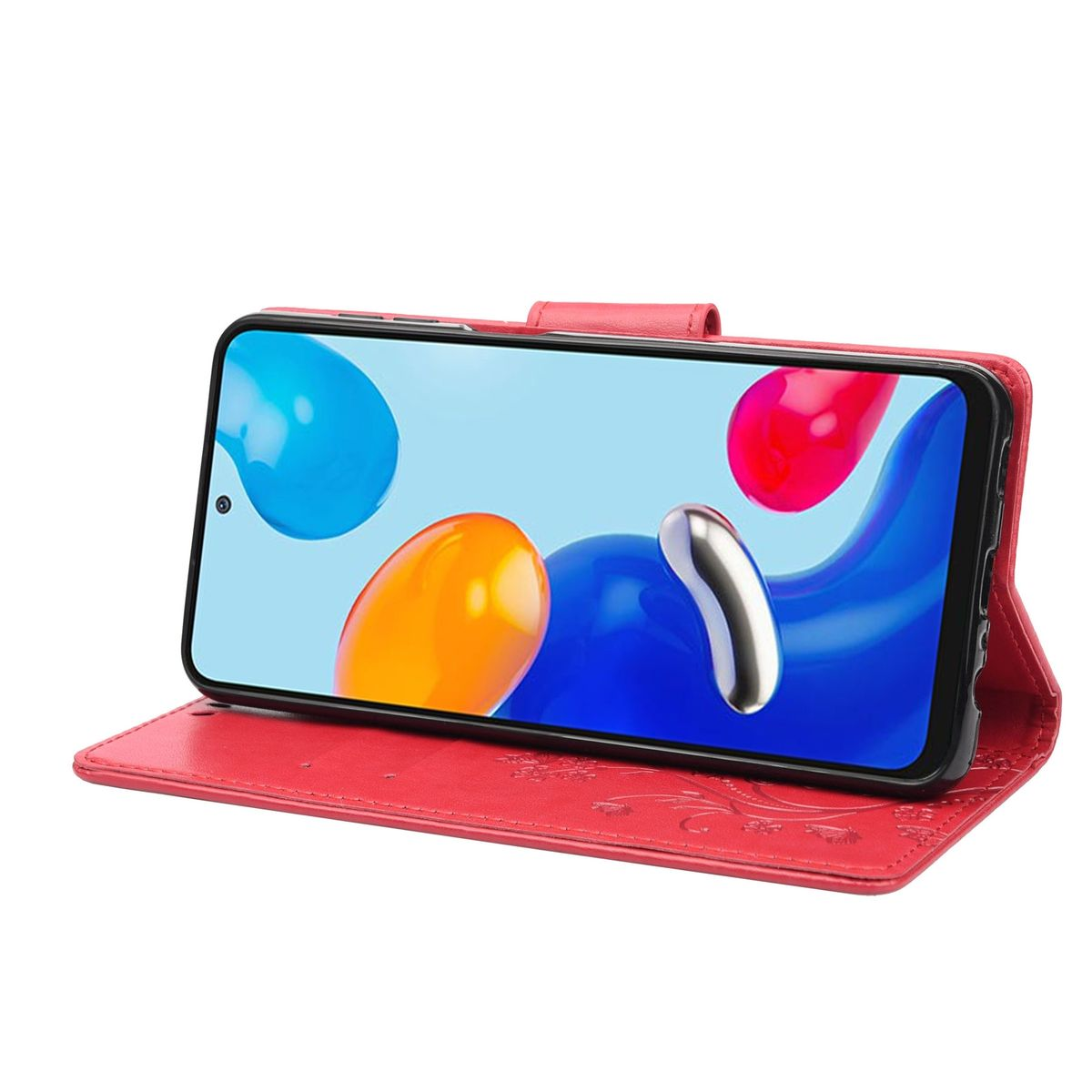 Rote Handyhülle mit einem Telefonbildschirm mit bunten Formen, offen auf einer Oberfläche.
