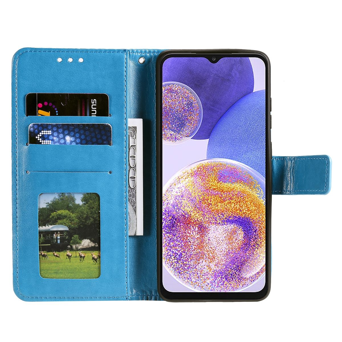 Eine blaue Handyhülle ist geöffnet und zeigt Karten und ein Telefon.