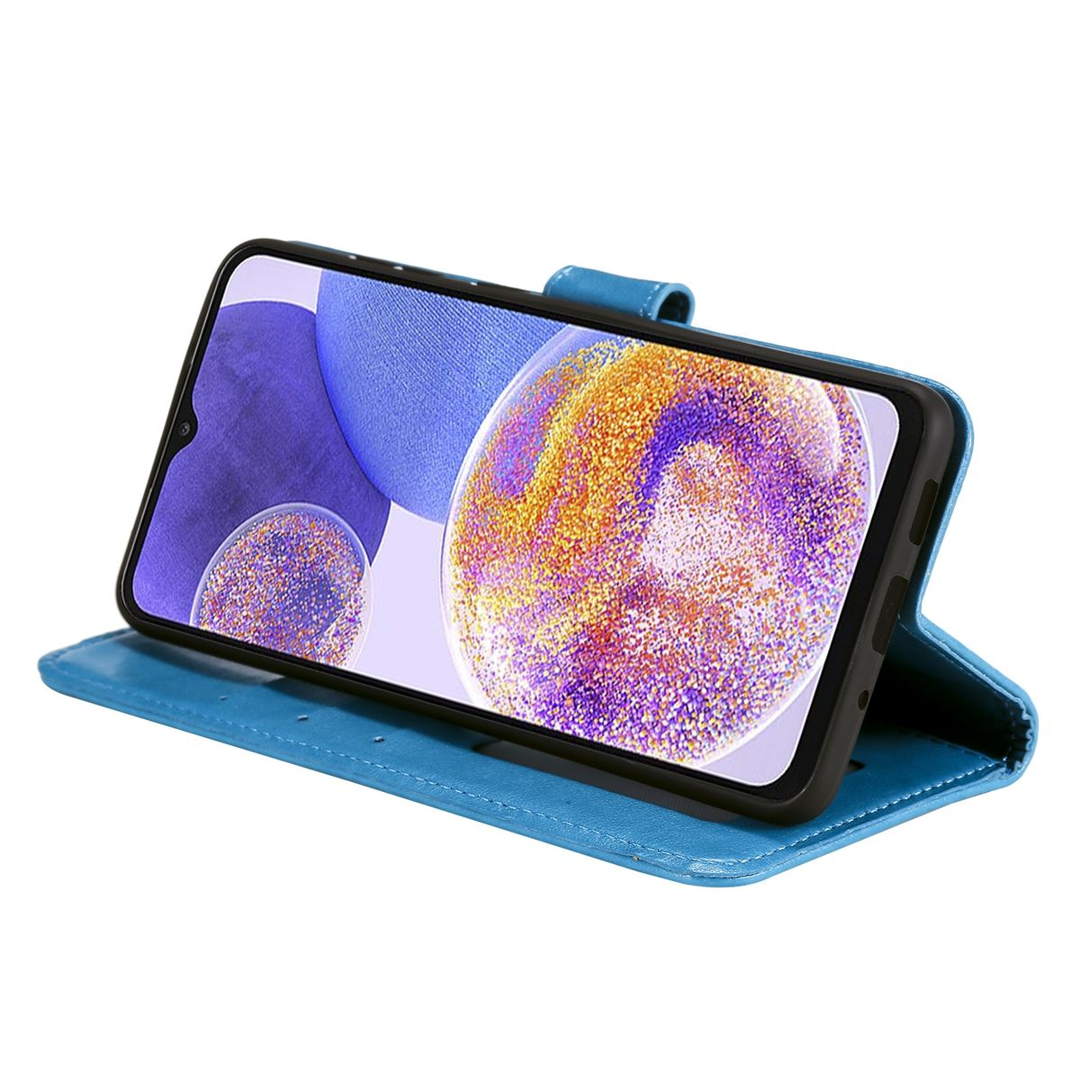 Blaue Handyhülle, offen, mit einem Telefon, das violette Kugeln anzeigt. Es ist in einer Standposition.