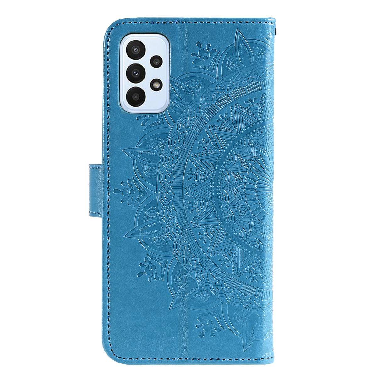 Blaue Handyhülle offen, mit einem Telefon im Inneren. Die Hülle hat ein geprägtes Blumendesign. Weißer Hintergrund.