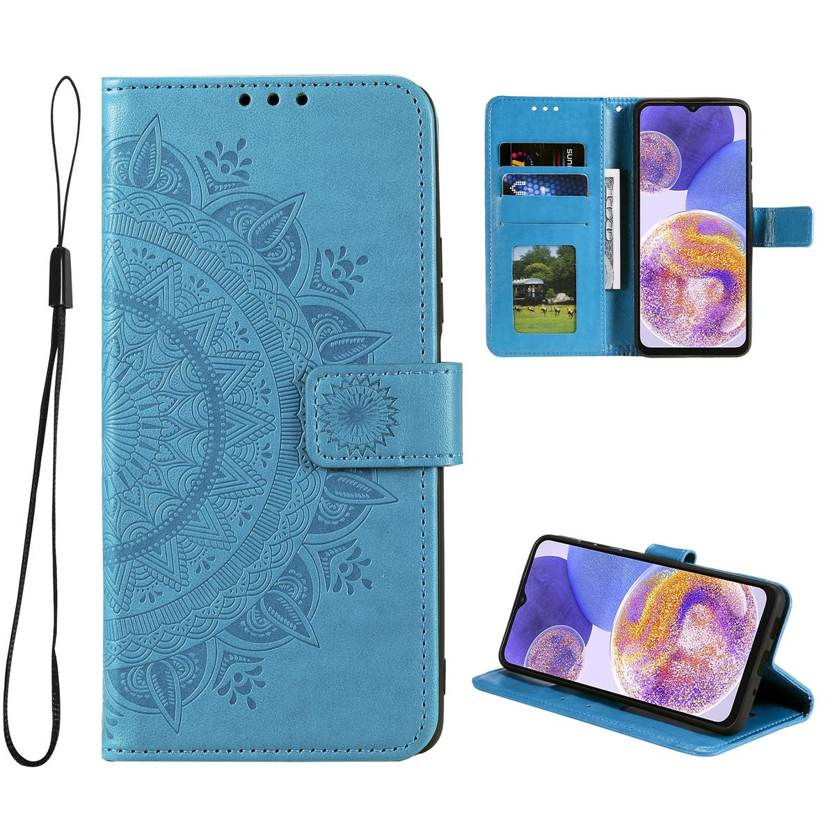 Blaue Handyhülle, offen, mit Band. Telefon ist innen, zeigt einen bunten Bildschirm.
