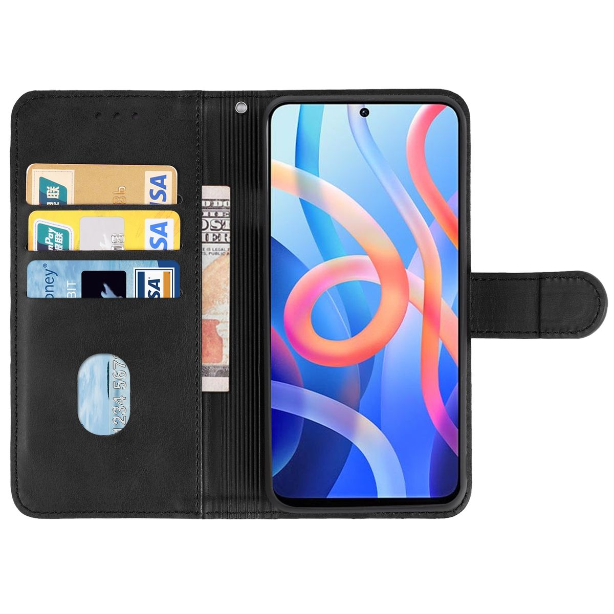Geöffnete schwarze Handyhülle mit Telefon und Karten, vor blauem und orangefarbenem Hintergrund.