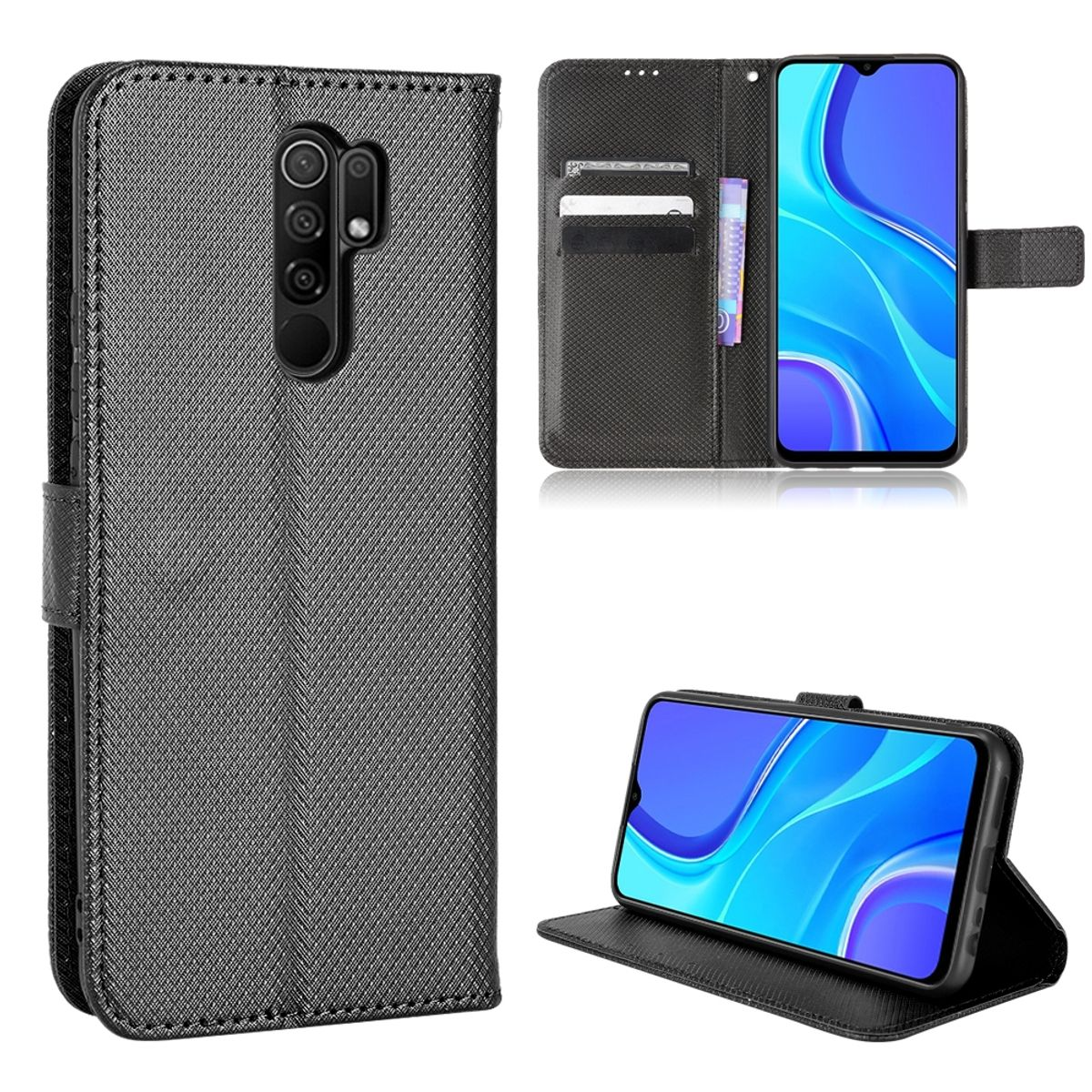 Schwarze Handyhülle geöffnet, mit Telefon. Karten und Geld sind in der Hülle. Das Telefon liegt auf dem Tisch.