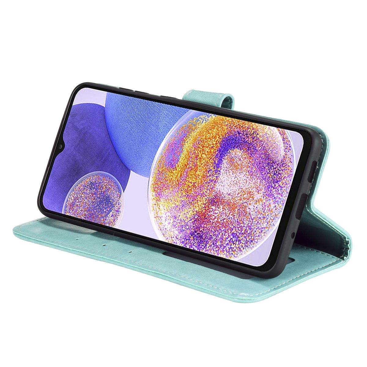 Geöffnete türkisfarbene Handyhülle, Telefon mit lila und orangefarbenem Hintergrund. Hülle auf Oberfläche.