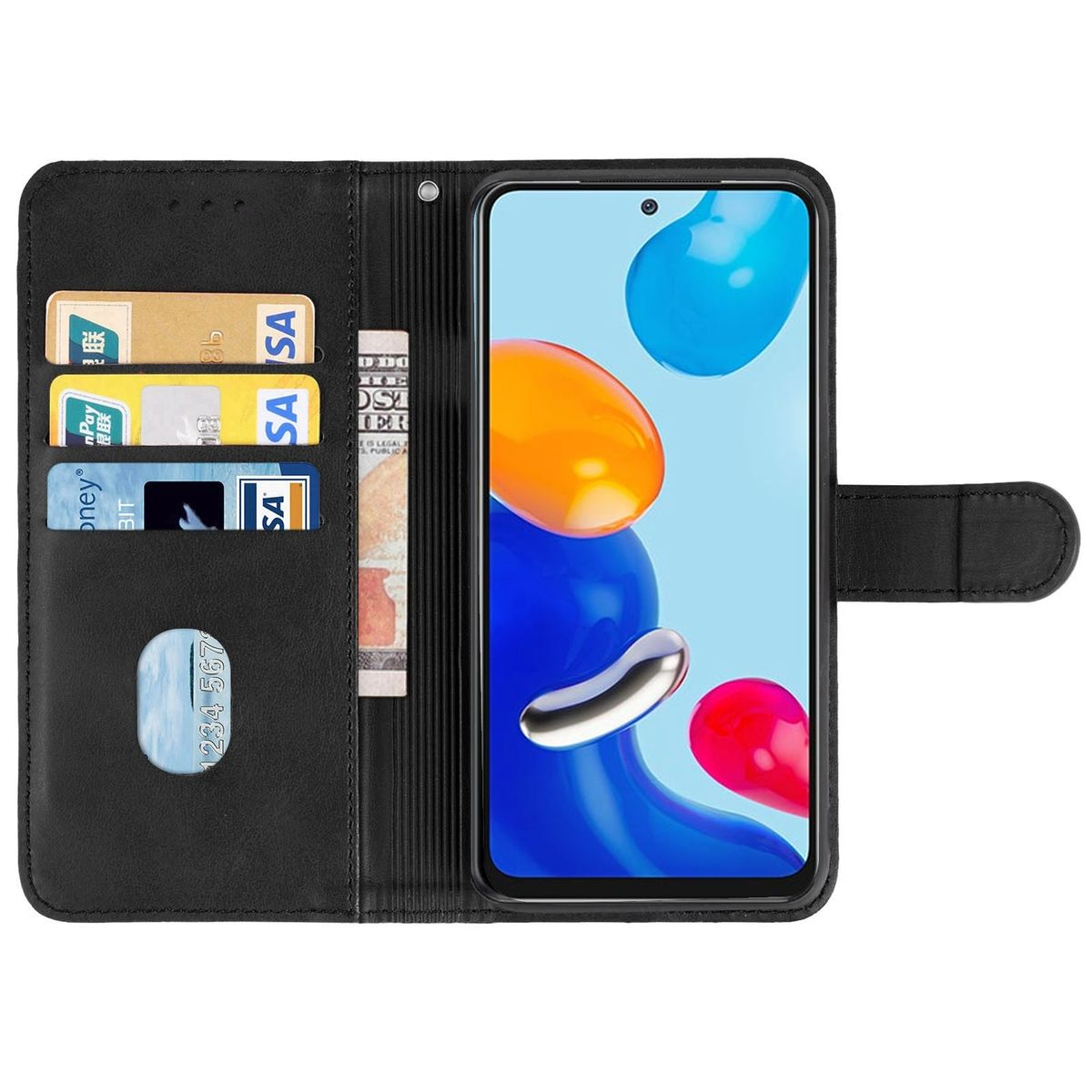 Schwarze Handyhülle offen, mit Karten sichtbar. Telefon zeigt bunte Formen.
