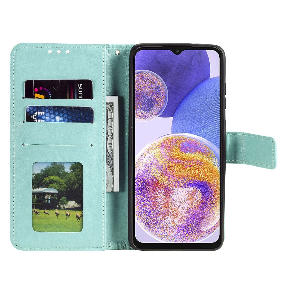 Geöffnete Handyhülle mit Karten und Geld. Telefon innen sichtbar.