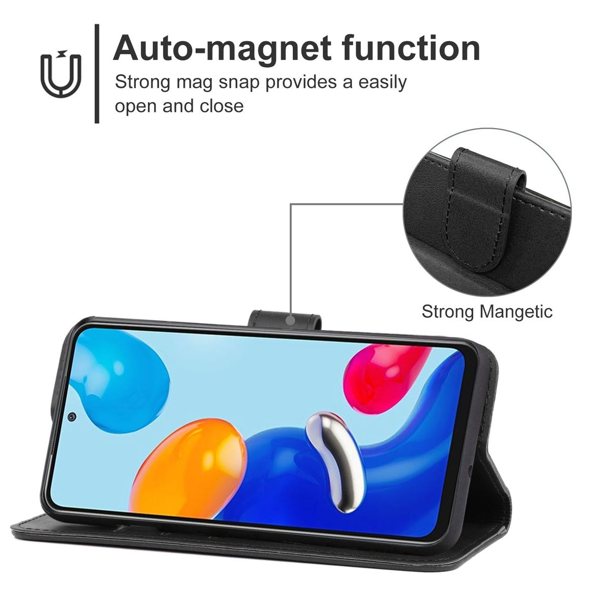 Schwarze Handyhülle mit farbigen Formen. Die Hülle hat einen Magnetverschluss.